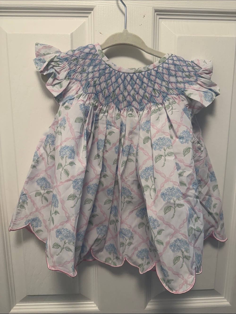Hand-Smocked Floral Girls Blouse in Pink & Blue